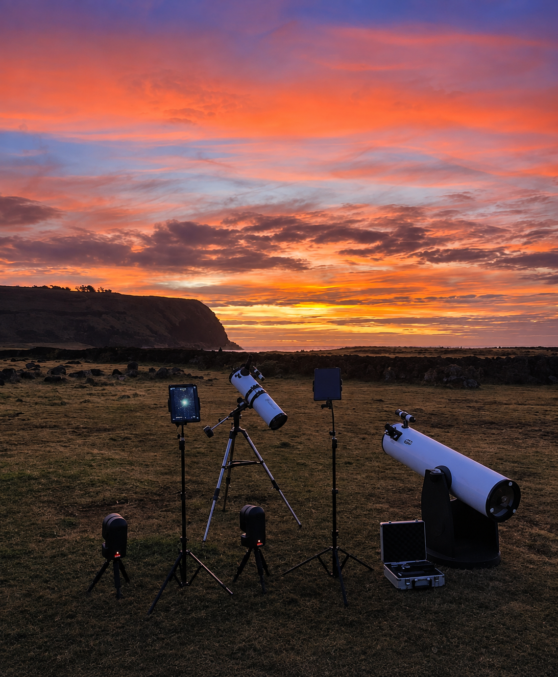 Telescopios y equipos de observación astronómica instalados al atardecer en paisaje costero de Rapa Nui
