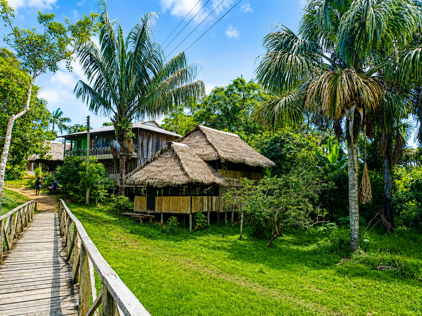 Cabañas con techo de palma y pasarela de madera en lodge de selva amazónica cerca de Leticia