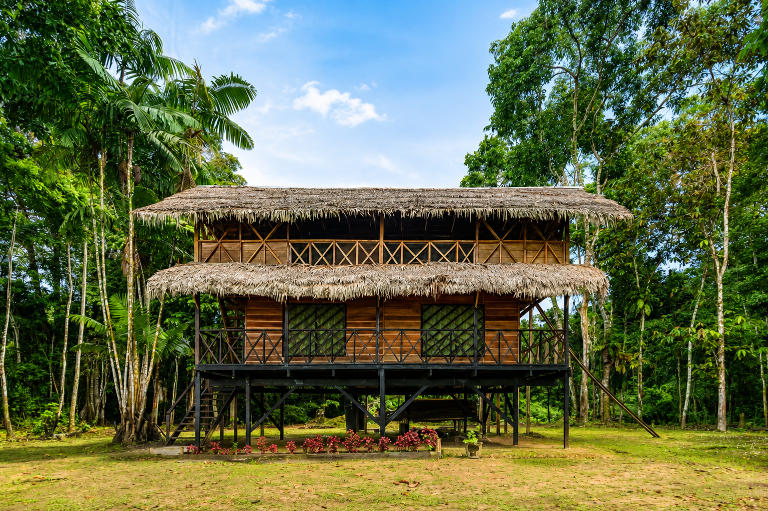 Cabaña amazónica de dos pisos elevada sobre pilotes con techo de palma en claro de selva