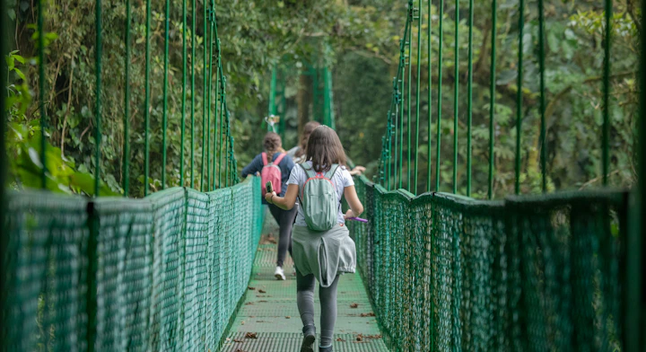 Personas cruzando puentes colgantes