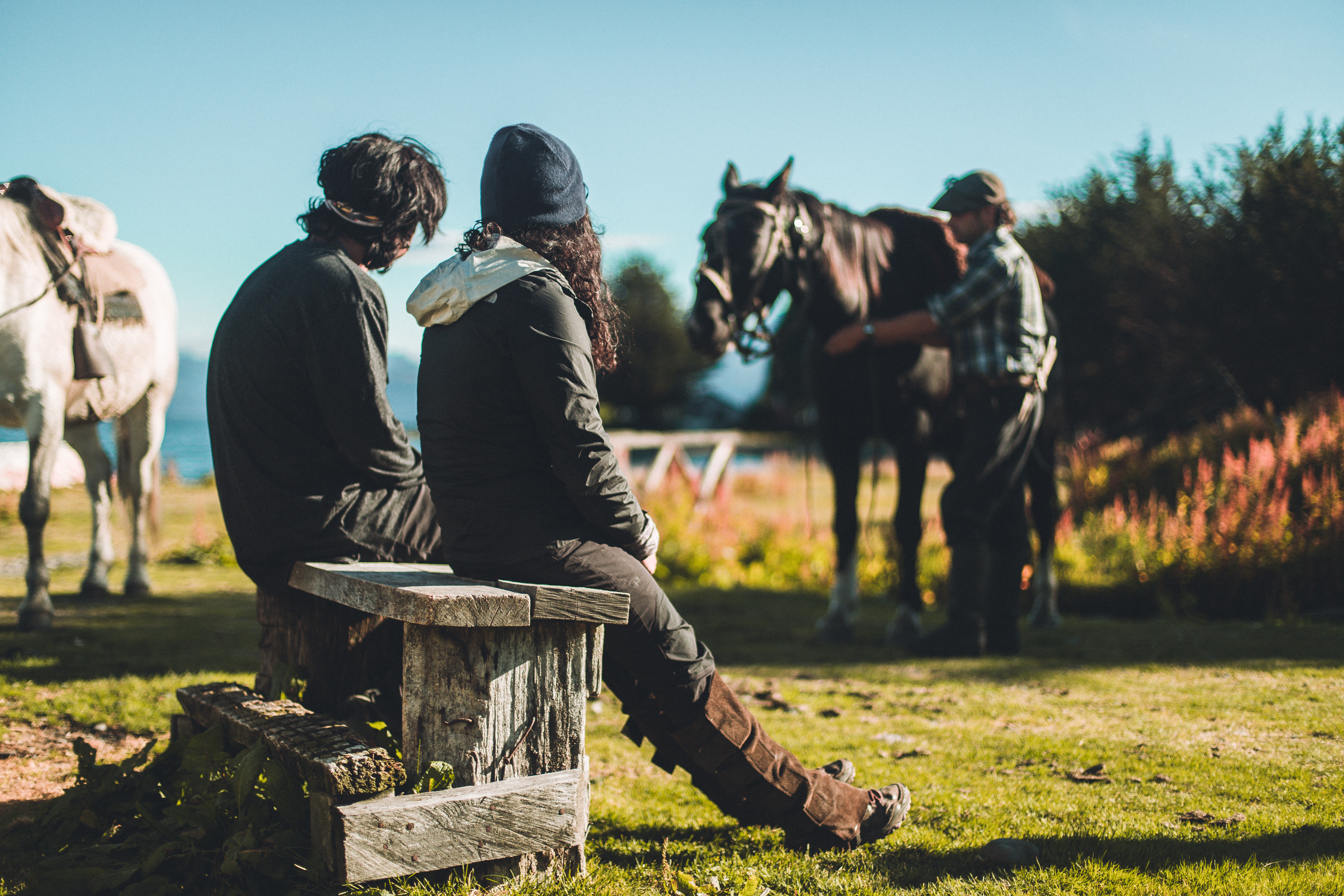 Visitantes descansan en un banco de madera junto a los caballos tras la cabalgata