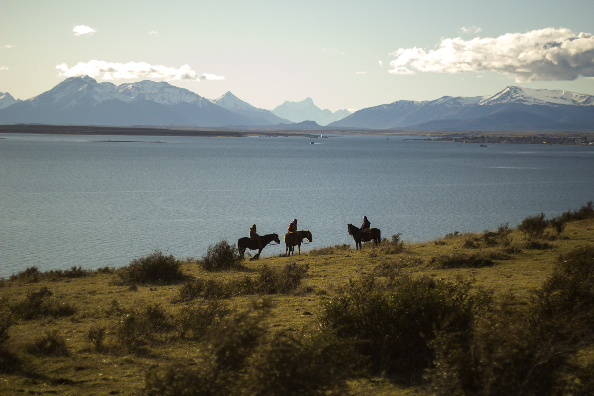 Tres jinetes en un mirador sobre el Seno Última Esperanza, con Puerto Natales y cordillera nevada al fondo