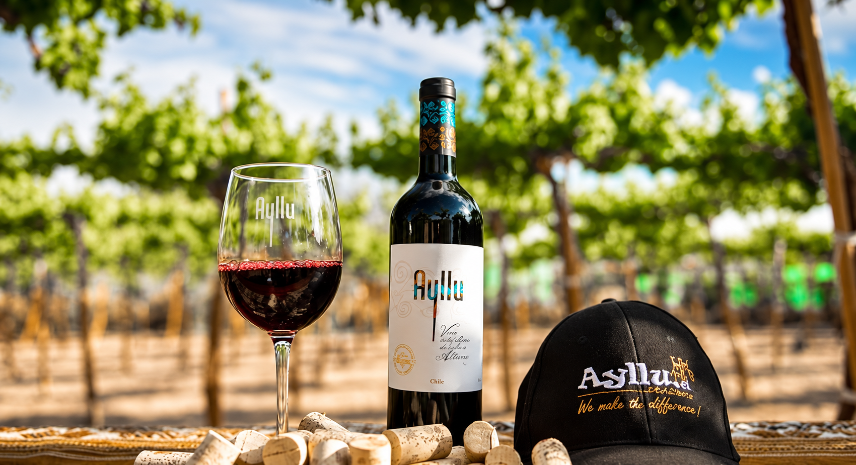 Copa y botella de vino tinto Ayllu entre parras, con corchos y una gorra de la viña