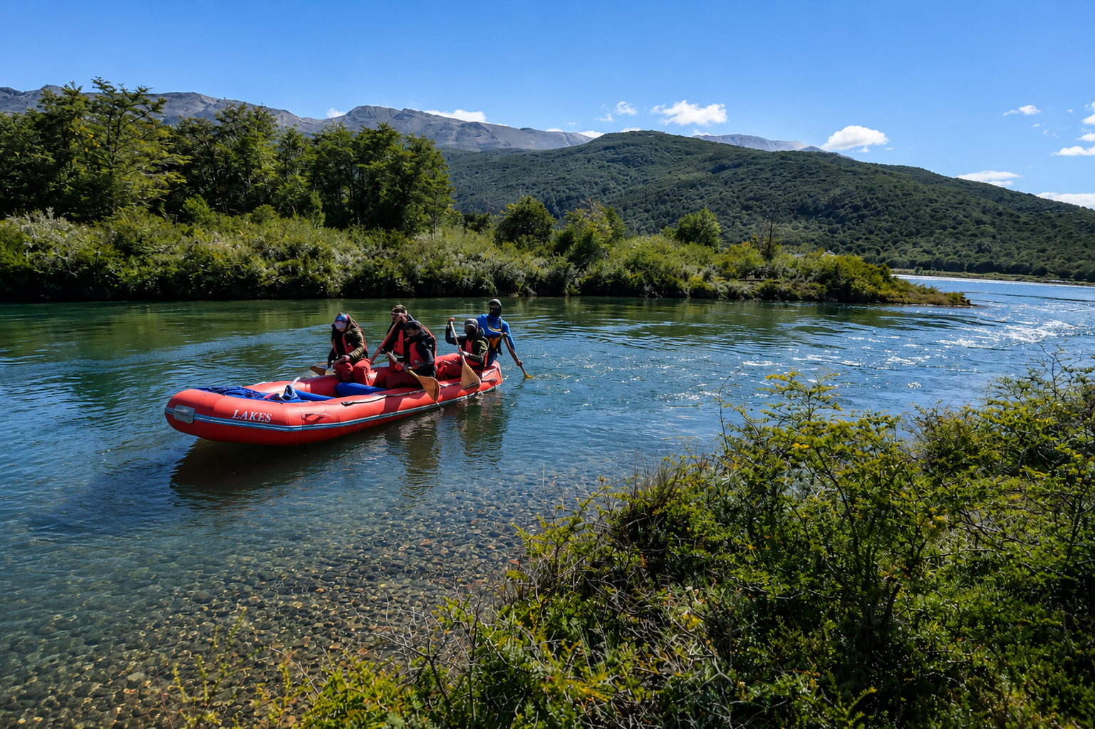 Grupo de turistas con chalecos salvavidas listos para navegar en balsa por canales patagónicos de Tierra del Fuego