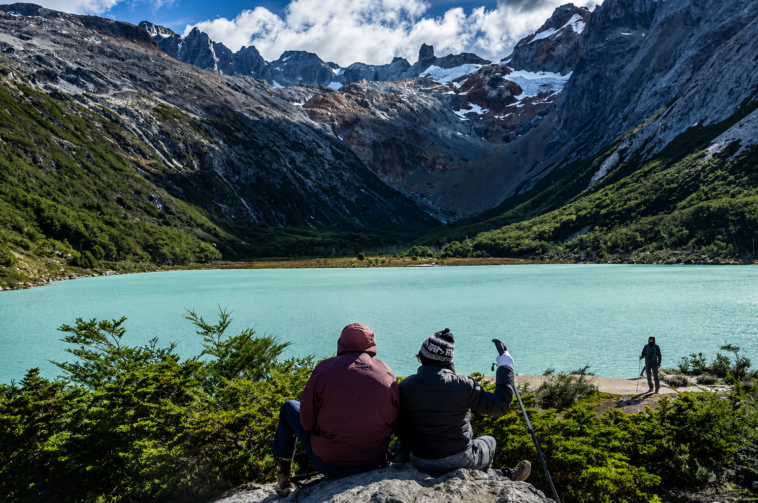 Trekkers contemplando las aguas turquesas de Laguna Esmeralda rodeada de montañas nevadas en Ushuaia